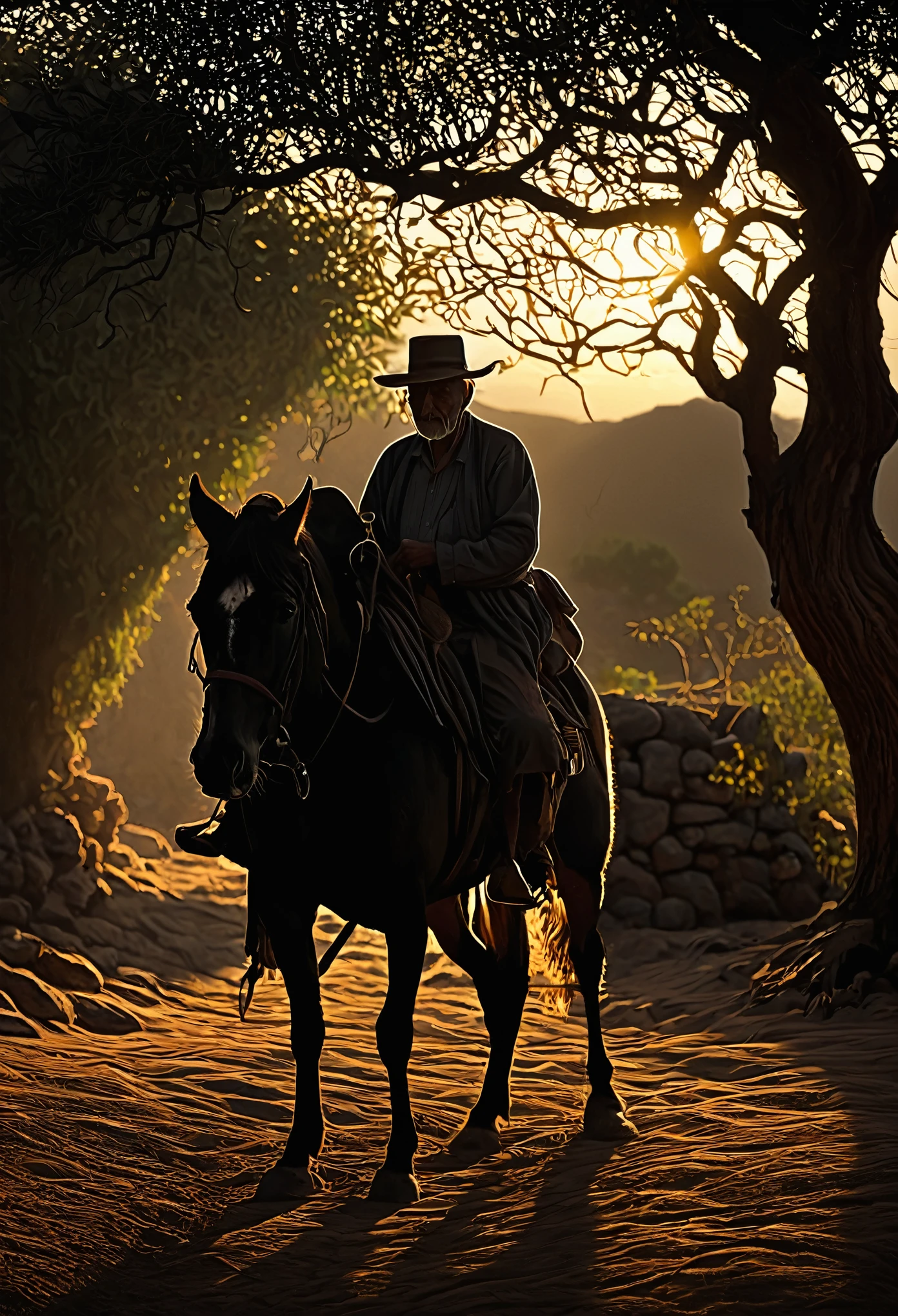 **Imagen de un anciano campesino, reposando a la sombra de un ahuehuete a la puesta de sol en un paraje campestre, enfatizando la belleza, el tiempo y la vida. mystical atmosphere, atardecer, Sun setting, sombras del atardecer, luz natural, primer plano, ultra claro, ultra realista, design session, moody atmospheric decoration, award winning photography, intricate lighting macro, soft atmospheric lighting, obra maestra, hermosa, Incredibly detailed, perfect composition, intricate and incredibly detailed octane rendering that is trending on artstation, 8K fine art photography, arte conceptual fotorrealista, Soft natural volumetric cinematic perfect light, claroscuro, award-winning photography, obra maestra, oil on canvas, raphael, caravaggio, greg rutkowski, beeple, beksinski, giger**