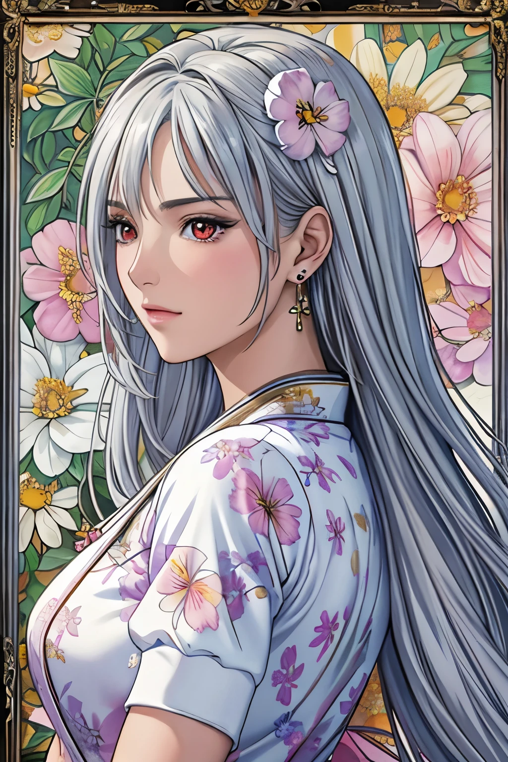 (masterpiece, top-quality, top-quality, Official art, Beautifully Aesthetic:1.2), red eyes, (highest quality, masterpiece painting:1.3), immature woman, 16 years old, (half body shot), masterpiece, ultra high resolution, (((Flower frame, A lot of flowers in the frame, round frame, A beautiful girl fits into the frame))), Decorative panel, abstract art, (shot from a side angle), (Photoreal:1.0), ((light silver hair)),straight hair, beautiful shining hair, white and shining skin, Painterly, sketch, Texture, 超A high resolution, solo, Beautuful Women, A highly detailed, (Fractal Art:1.1), (colourfull:1.1), (florals:1.6), The most detailed, (Zentangle:1.2), (Dynamic Poses), (Abstract background:1.3), (shinny skin), (Many colors:0.8), (earrings:1.4), (pluma:0.9), Taisho romance