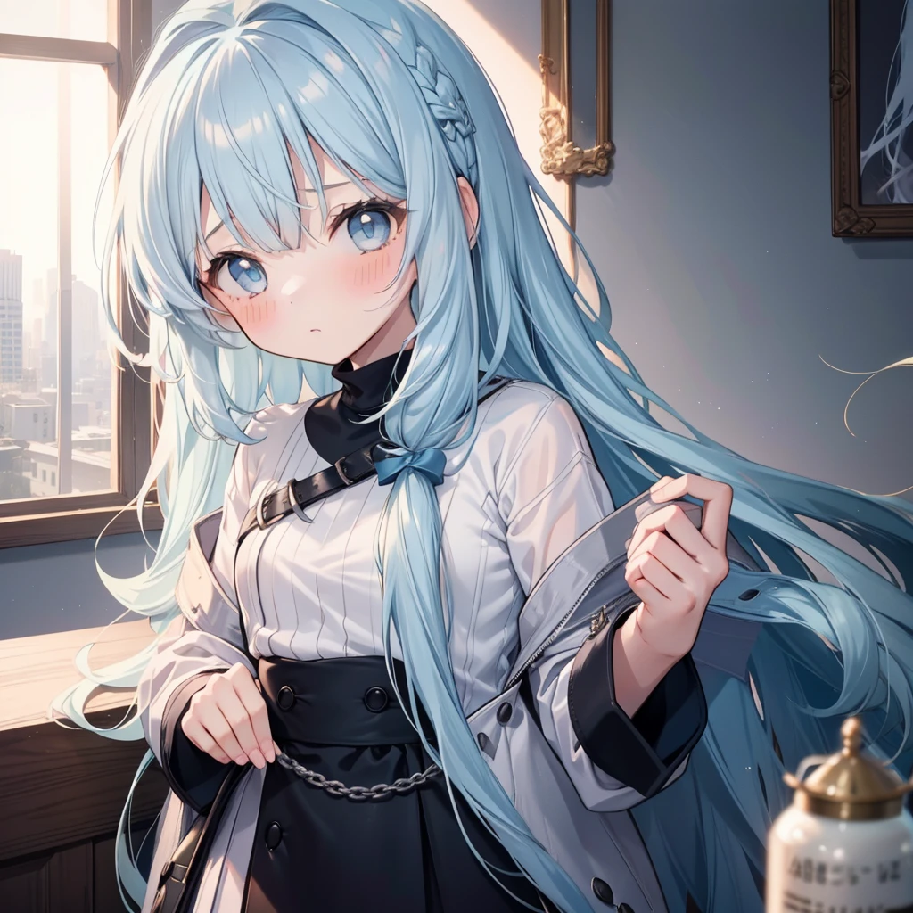 (Realistic painting style:1.0), Masterpiece, Best quality, absurderes, comic strip, illustration, 1 girl, Long hair, Black hair, Cute girl, young and cute girl, Korean girls, {Breasts}, masterpiece, best quality, extremely detailed, (illustration, official art:1.1), 1 girl ,(((( light blue long hair)))), ,(((( light blue long hair)))),light blue hair, ,10 years old, long hair ((blush)) , cute face, big eyes, masterpiece, best quality,(((((a very delicate and beautiful girl))))),Amazing,beautiful detailed eyes,blunt bangs((((little delicate girl)))),tareme(true beautiful:1.2),pink collar，Bright sweaters，This is a cute 、(best quality, masterpiece, highres),1girl,solo,hair strand,summer purse,pullover_sweaters,rokinon 85mm,
chain-link fence,angle shot,,wariza