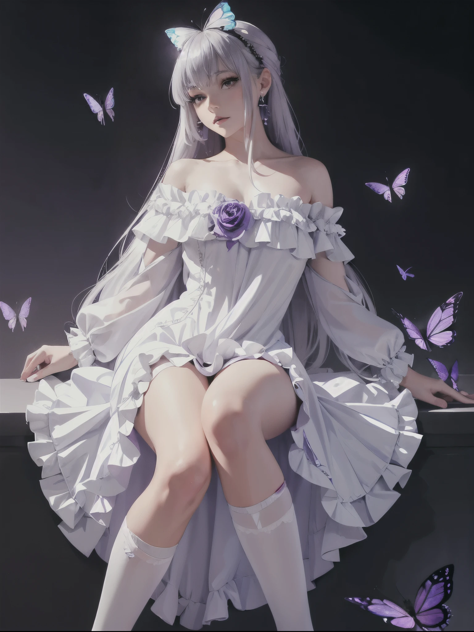 Silver Hair，crystal hair, butterfly，Long white hair，8k wallpaper，Detailed Background，Maximum resolution，Purple Rose，White dress, Off the shoulder, Frills, Knee-high socks，stockings