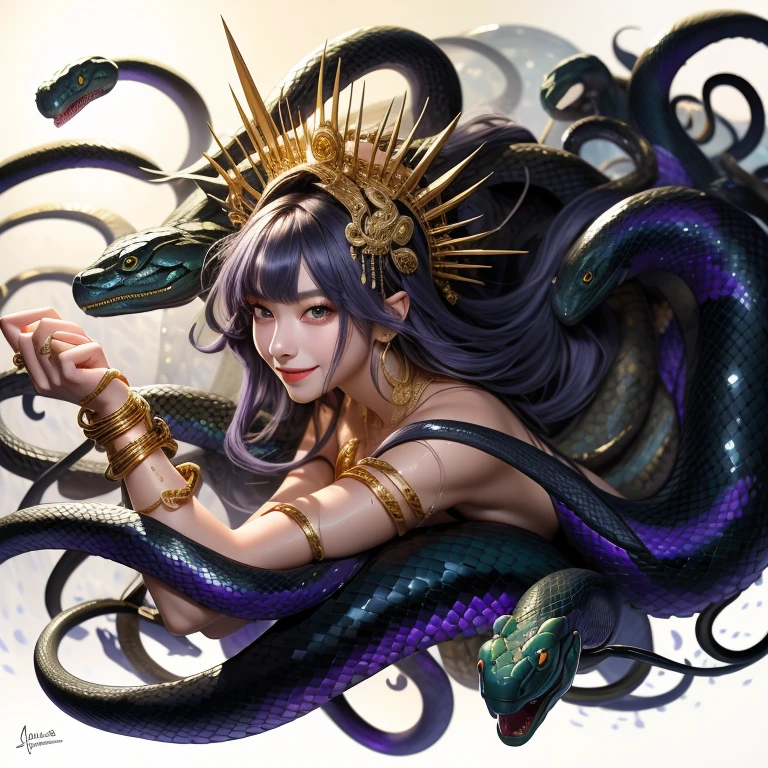 (masterpiece),(best quality:1.0), (ultra highres:1.0), Background inside the cave、detailed,Woman and snakes、Upper Body、profile、Cool smile、A woman with bare shoulders wearing a white cloth、Ferocious serpent、Real wet scale texture、The surface of the wet scales shines dully.、Menacing serpent、Facing left、Emerald green eyes、Gold Hair Ornament、Gold bracelet、Holding your right hand forward、He has long gold needles on the middle and ring fingers of his right hand.、Some snakes can see into space、Gray purple hair、Medium Hair、A woman, a snake and a mysterious black hand coming out of the darkness、Starry Universe、A white and grey mist surrounds the area