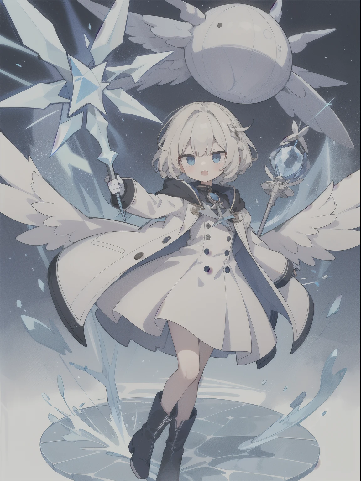 Unknown gender,Age unknown,Platinum blonde curly short hair,Partial long hair braids,Ice Blue Eyes,White coat-like jacket,The clothes inside are navy blue,Boots underfoot,Flying in the sky,Alchemist,He is casting spells while holding a large staff with a red jewel on it.,Final Boss

