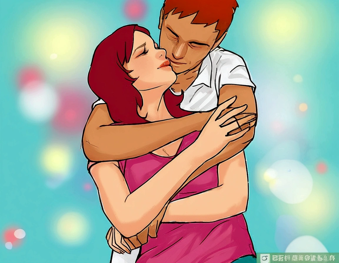 a cartoon of a man and woman hugging each other, wikihow, wikihow illustration, hugging, couple pose, hugging each other, kissing, kissing together cutely, kissing together, kissing, hugging, woman holding another woman, Male and female, touching, rotoscoped, really realistic, like, couple kissing, extremely emotional, kissing each other, very realistic