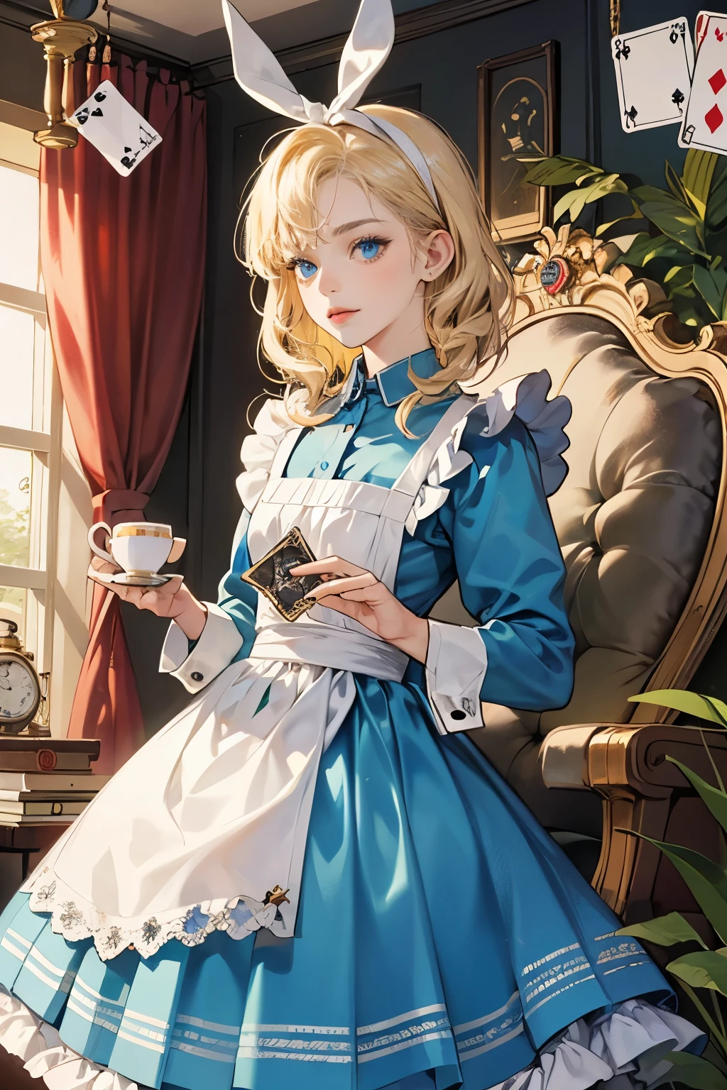 masuter piece, top-quality, Beautifully Aesthetic, portrait, 1 girl, Adult, (alice in the wonderland:1.2), Blue Dress, White Apron, blond hair, Blue eyes, bunny rabbit, PlayingCards, tea cup, pocket watch