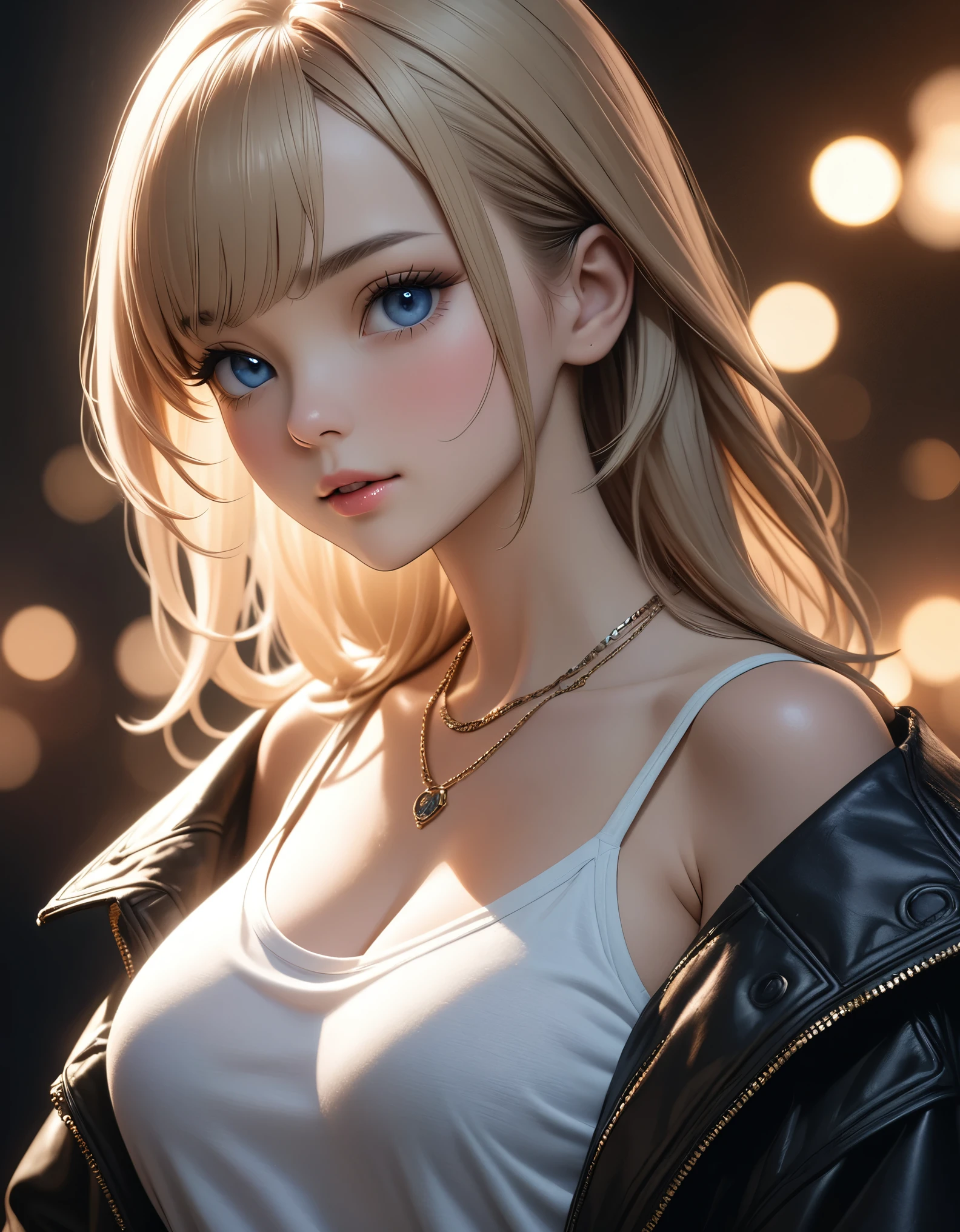 best quality, masterpiece, high resolution, A girl, blond, Blue eyes, fashion clothing, necklace, jewelry, Pretty Face, Perfect breasts, more than_Body, Tyndall effect, lifelike, Dark Studio, Side lighting, Two-color lighting, (HD Skin:1.2), 8k Ultra HD, Soft Light, high quality, Volumetric Lighting, frank, photography, high resolution, 8k, Bokeh,hort depth of field,,