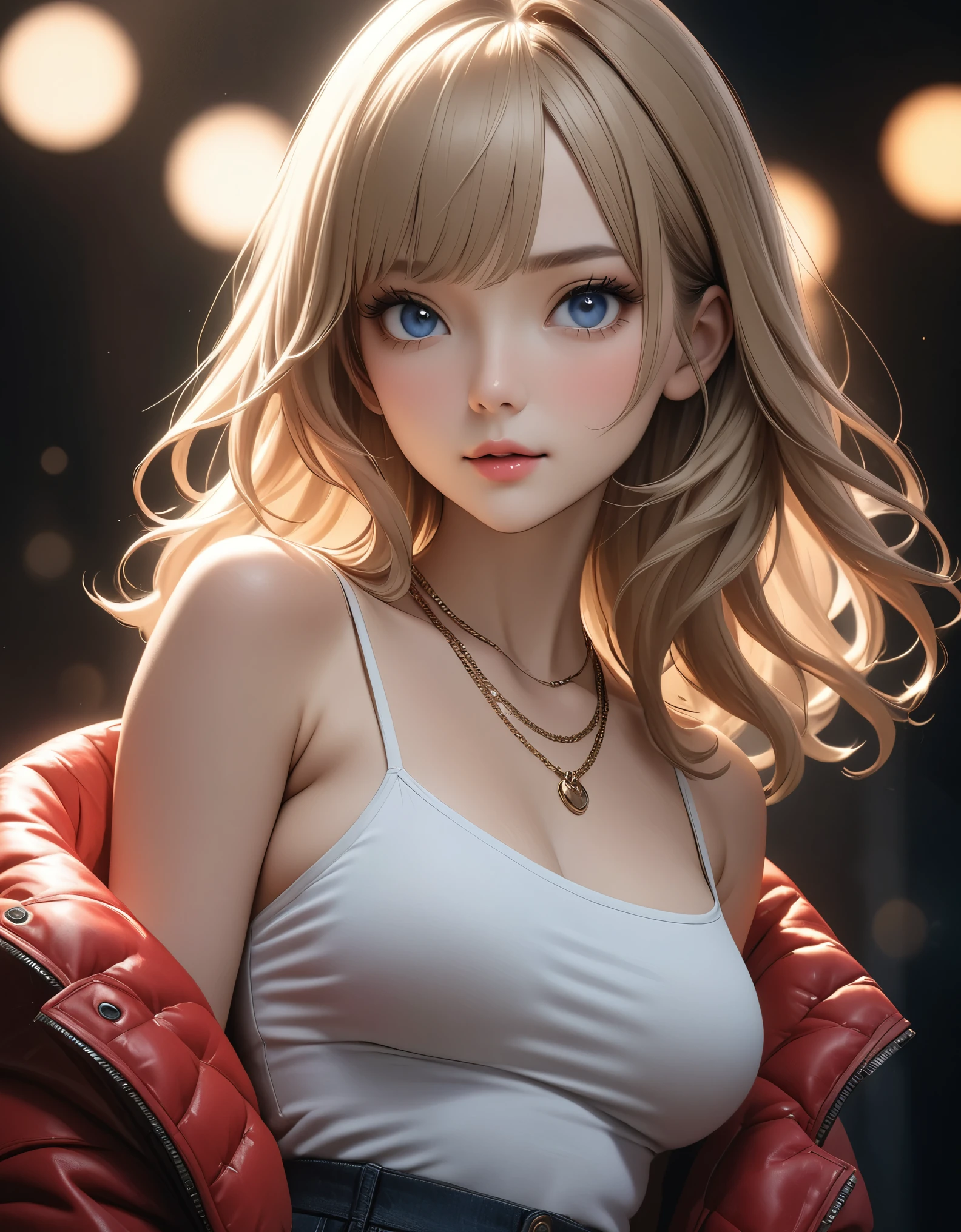 best quality, masterpiece, high resolution, A girl, blond, Blue eyes, fashion clothing, necklace, jewelry, Pretty Face, Perfect breasts, more than_Body, Tyndall effect, lifelike, Dark Studio, Side lighting, Two-color lighting, (HD Skin:1.2), 8k Ultra HD, Soft Light, high quality, Volumetric Lighting, frank, photography, high resolution, 8k, Bokeh,hort depth of field,,