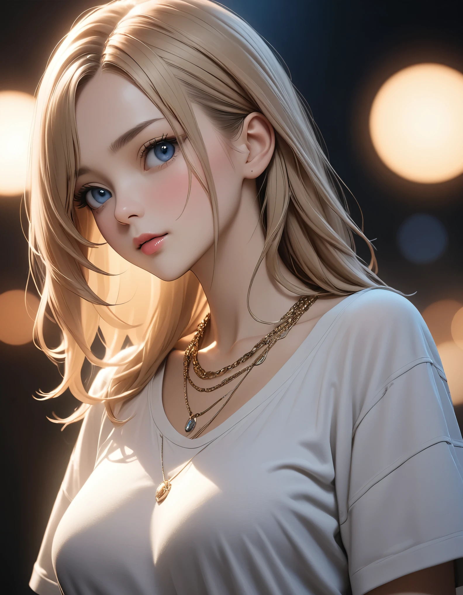best quality, masterpiece, high resolution, A girl, blond, Blue eyes, fashion clothing, necklace, jewelry, Pretty Face, Perfect breasts, more than_Body, Tyndall effect, lifelike, Dark Studio, Side lighting, Two-color lighting, (HD Skin:1.2), 8k Ultra HD, Soft Light, high quality, Volumetric Lighting, frank, photography, high resolution, 8k, Bokeh,hort depth of field,,