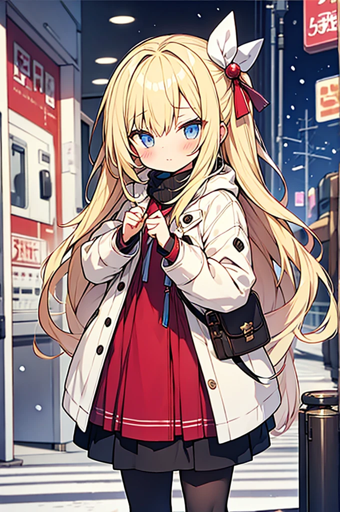 shota wearing girl's winter outfits,pantyhose,blonde hair,