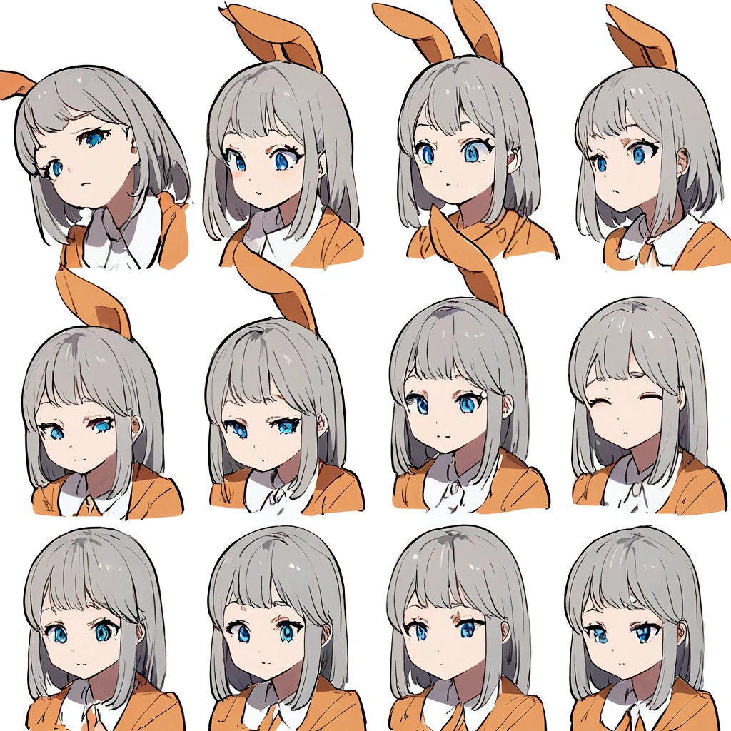 Anime style,Character Sheet,(masterpiece, 8k, highest quality, Very detailed, 1 mature japanese woman), (Consistent personality, same characters), (Gray Hair, blue eyes), (Very detailed顔と肌の質感, fine grain), Slender figure,Small breasts,(Bunny Girl Costume), White Background, Multiple facial expressions,(Multiple Views, Multiple Angles), Side view, Front view, look up, Looking down, Rear View, 20-degree head view,Plain background,Beautiful background
