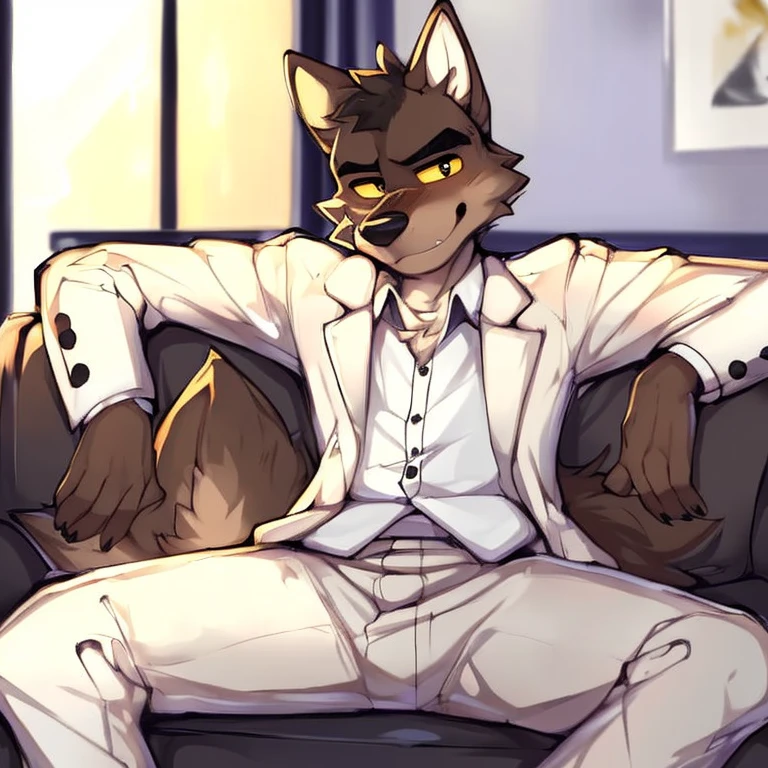 ((Perfect anatomy, detailed eyes, detailed legs, detailed arms, detailed tail, detailed body, detailed face)), Mr Wolf, (The bad guys), 1male, brown furs, yellow eyeballs, black eyes, white suit, sitting on a sofa with legs spreading out by Zackary911, Zackary911