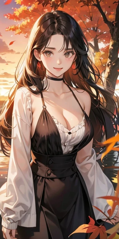 realisticlying、10 years old female 、Outdoor Fashion、Long Wave Hair、Gingko tree、Beautiful autumn leaves、Slightly larger breasts with an emphasis on cleavage、Versatile sexy poses、The sky turns red at sunset、Face smile