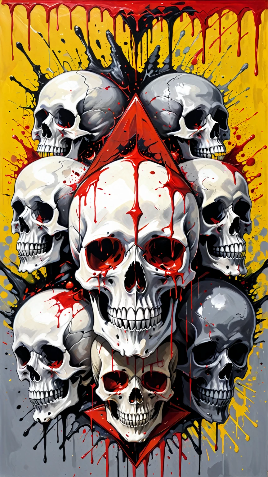 a chaotic and intense scene with a yellow background that is heavily splattered with vivid red and black paint. The central focus is on three human
skulls arranged in a triangular composition depicted in black and gray tones. The skull at the top is central, while the other two are positioned below and slightly to the left and right respectively. The skulls are detailed with prominent eye sockets, nasal cavities, and teeth. The skulls are surrounded and partially obscured by dripping, splattering strokes of red paint, which conveys a sense of violence or blood. The bright, contrasting colors of yellow, red, and black create a stark and striking visual impact., illustration, dark fantasy, painting