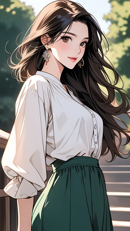 masterpiece、highest quality、High resolution, outdoor, ((outdoor park)), high quality images、8K, 1 female、skin luster、Texture of skin and clothing、Expression of fine eyes、shiny hair, long brown hair girl, Manga inspired by Lee Jong-suk, trending on deviantart, realism, Detailed manga style, Manga art style, Perfect Line Drawing, beautiful line drawing, digital manga art girl, K-POPアイドル, fine brown eyes, plump lips, Detailed gorgeous face, (cute smile), attractive, innocent, Side view, (perfectly detailed face), (fine hands) photorealistic images, written boundary depth, Japanese style princess cut hairstyle, ((best sunday dresses, blouse)), tight waist