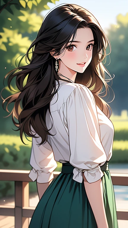 masterpiece、highest quality、High resolution, outdoor, ((outdoor park)), high quality images、8K, 1 female、skin luster、Texture of skin and clothing、Expression of fine eyes、shiny hair, long brown hair girl, Manga inspired by Lee Jong-suk, trending on deviantart, realism, Detailed manga style, Manga art style, Perfect Line Drawing, beautiful line drawing, digital manga art girl, K-POPアイドル, fine brown eyes, plump lips, Detailed gorgeous face, (cute smile), attractive, innocent, Side view, (perfectly detailed face), (fine hands) photorealistic images, written boundary depth, Japanese style princess cut hairstyle, ((best sunday dresses, blouse)), tight waist