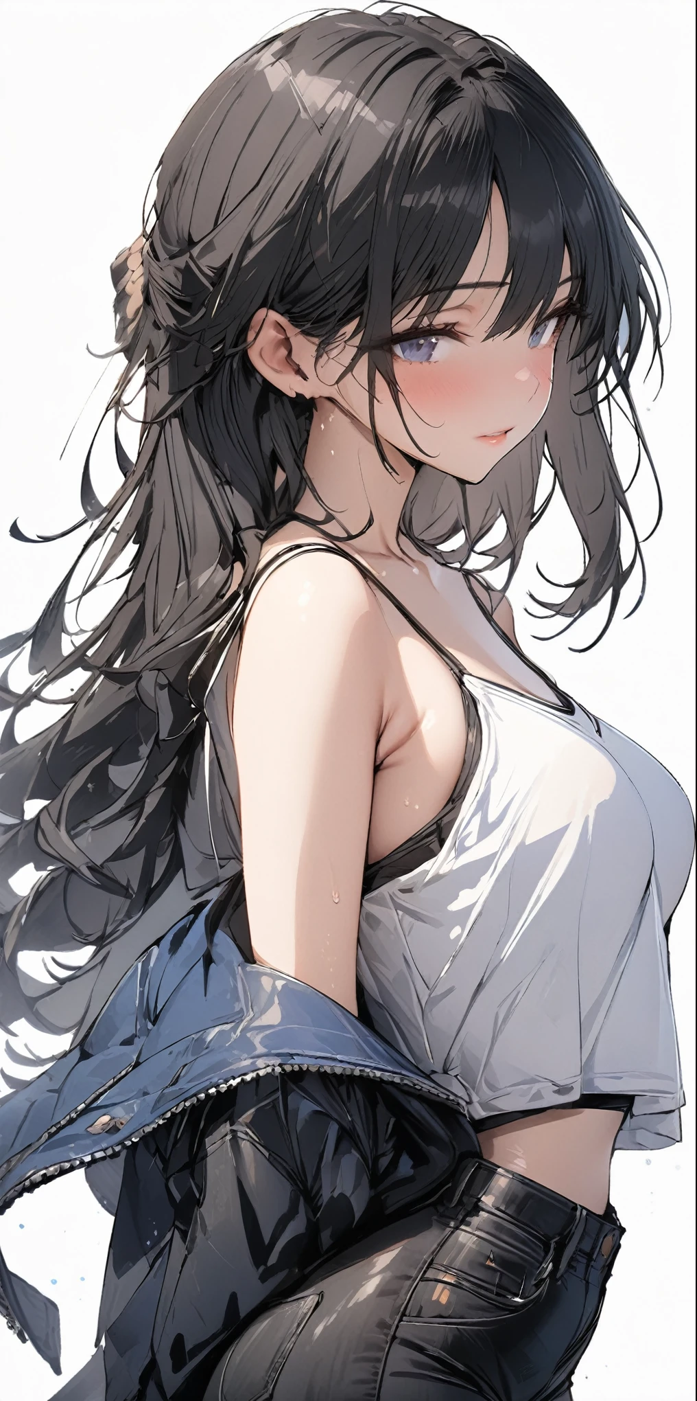 (masterpiece, best quality:1.2), 1 girl, alone , sexy , blue  jaket , cutoff-jeans , (cowboy shot) , black hair ,  white top