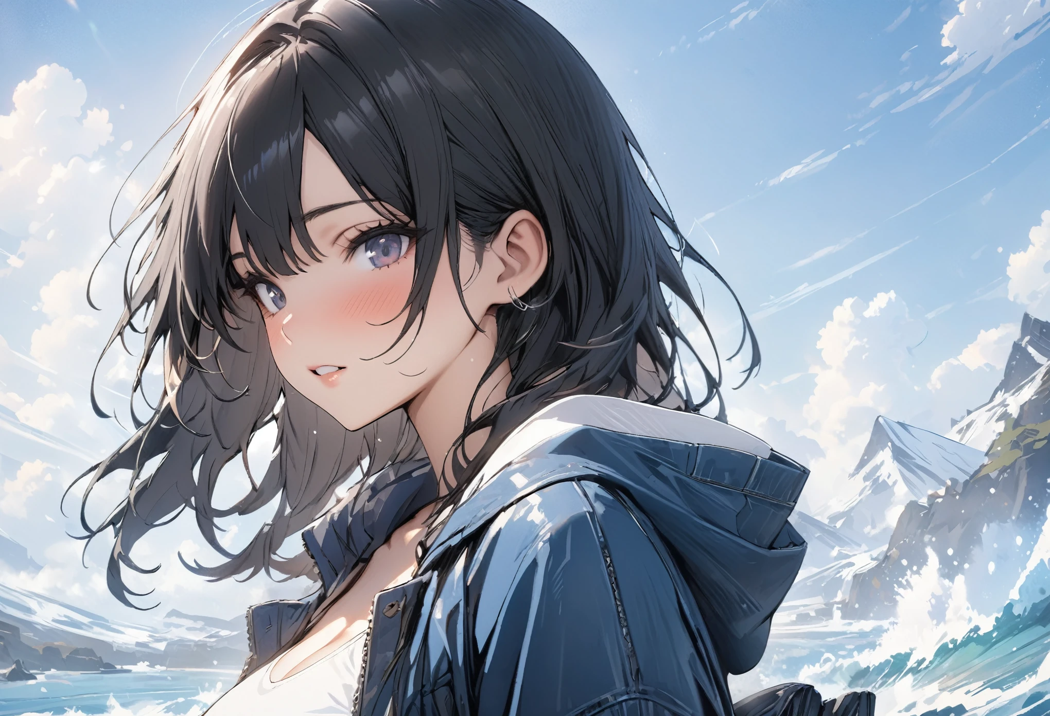 (masterpiece, best quality:1.2), 1 girl, alone , sexy , blue jaket , cutoff-jeans , (cowboy shot) , black hair , white top