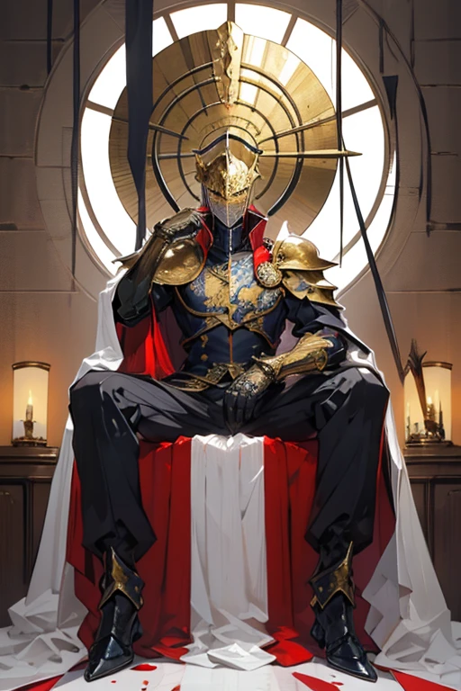 make a golden knight with death mask, he is in the hall, sitting on a throne, looking menacingly with a relaxed pose ((taking the whole body))