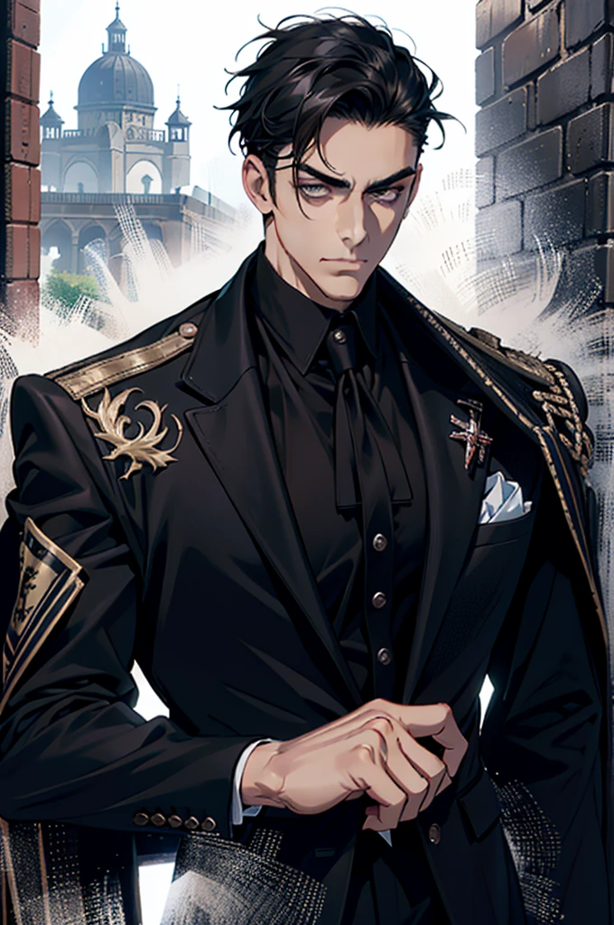 (masterpiece, best quality), (absurd res, high res, ultra detailed), 1 male, adult, handsome, tall muscular guy, broad shoulders, black hair, stubble, finely detailed eyes, grey eyes, portrait, looking at viewer, solo, half shot, detailed background, detailed face, (gothic), smirk, vampire, dark leather, high fantasy,, stealth, undercover, (crates in background), shadows, fog, (dutch angle), closed mouth, full body