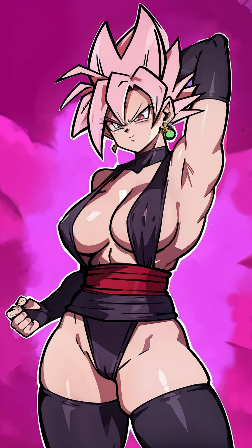 ((masterpiece, best quality)),(complex light), 1female,solo,upper body, goku black,super saiyan rose hair,pink eyes, angry, green potara earrings, large breasts, wide hips, curvy, thin waist, red collar, solo girl, armpits, arms up, large breasts, wide hips, curvy, thin waist, black slingshot swimsuit, black arm sleeves, abs, muscular female, 6 pack, muscles, beach background, sexy