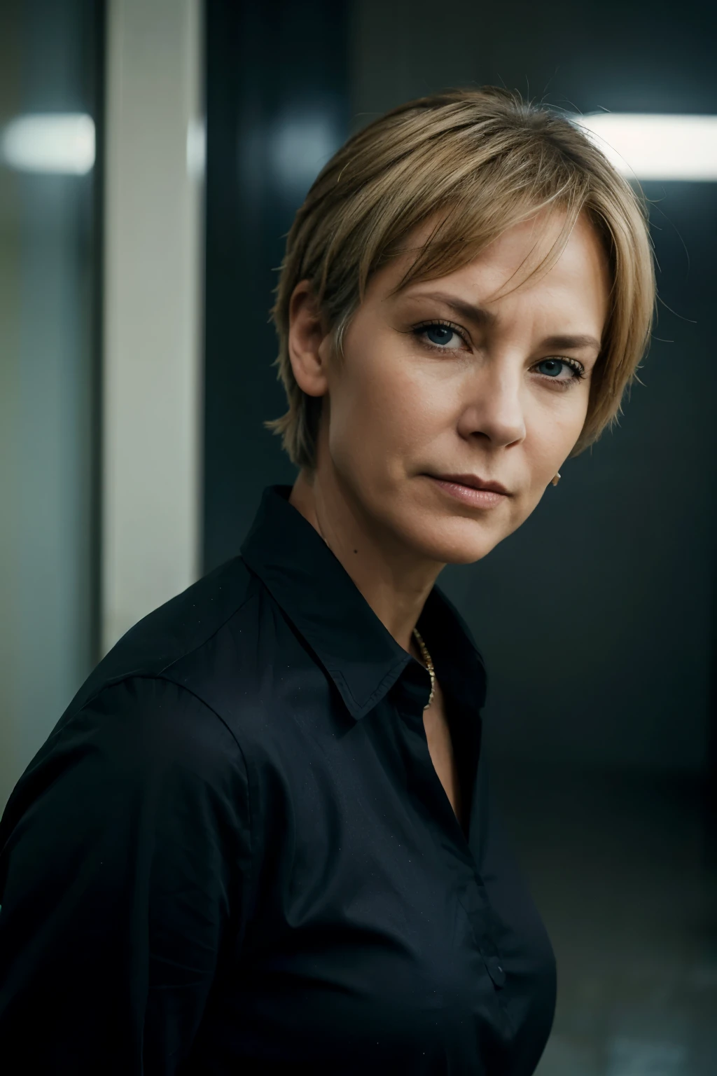 mature older woman, Jamie Lee Curtis, Malissa McBride, slim face, Sam Carter from Stargate, short blonde hair, blue eyes, blurred background, smirk, strong female character, tough expression, black shirt, tomboy