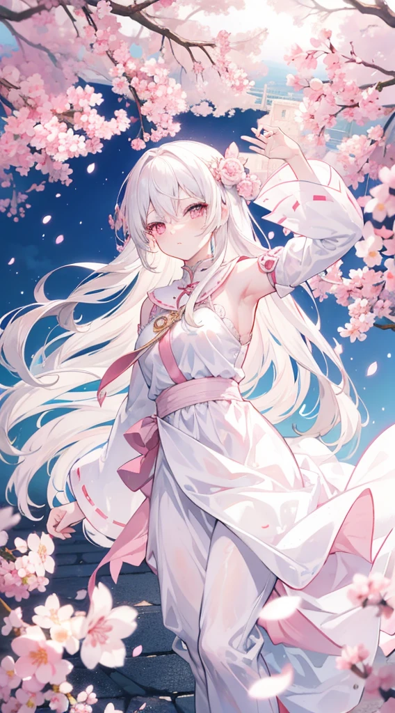 animemanga girl, Long white hair, Pale pink eyes, wearing beautiful white dress, Look down at the camera, Beautiful backdrop of the city with cherry blossom trees, Good anatomy, 8K, A high resolution，Different actions，Dance，Lifelike
