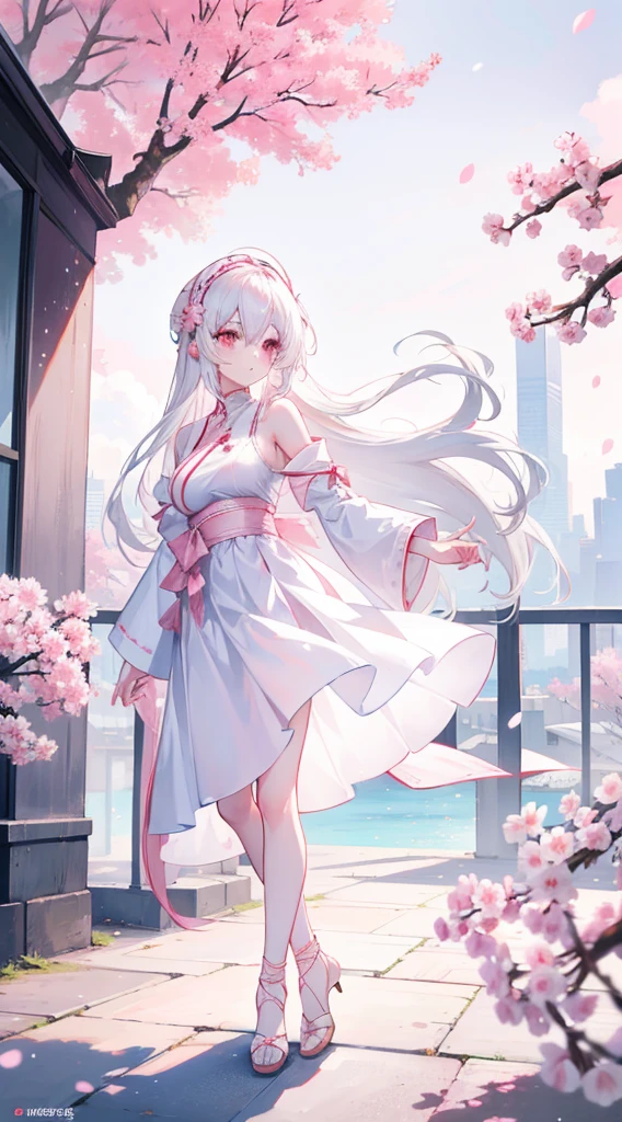 animemanga girl, Long white hair, Pale pink eyes, wearing beautiful white dress, Look down at the camera, Beautiful backdrop of the city with cherry blossom trees, Good anatomy, 8K, A high resolution,Different actions,Dance,Lifelike