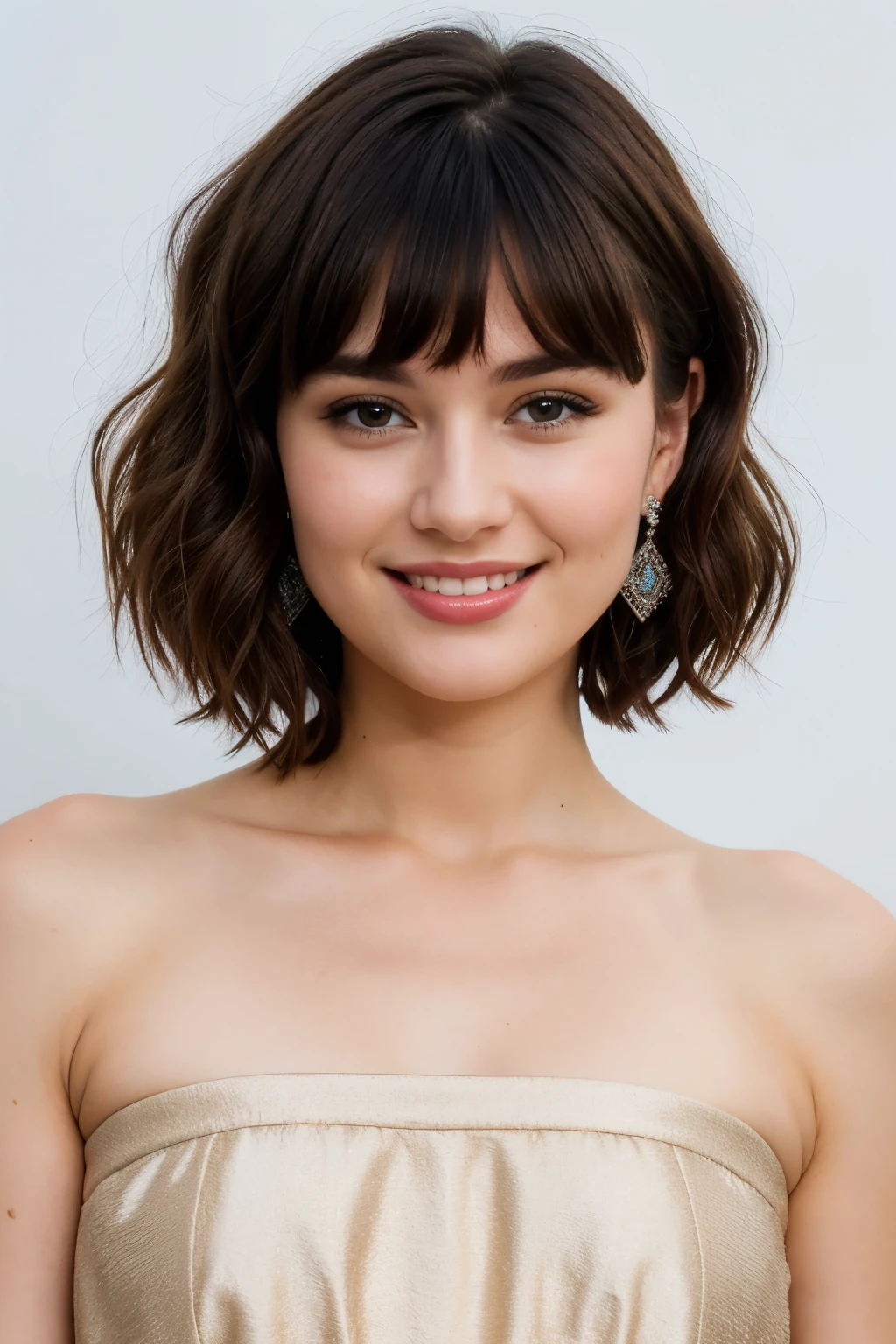photo du( visage de face )professionnel d'une très belle femme de 24 ans, seductive look, souriante, short fringe hairstyle, highly detailed, 8k sharp focus, ultra photorealism