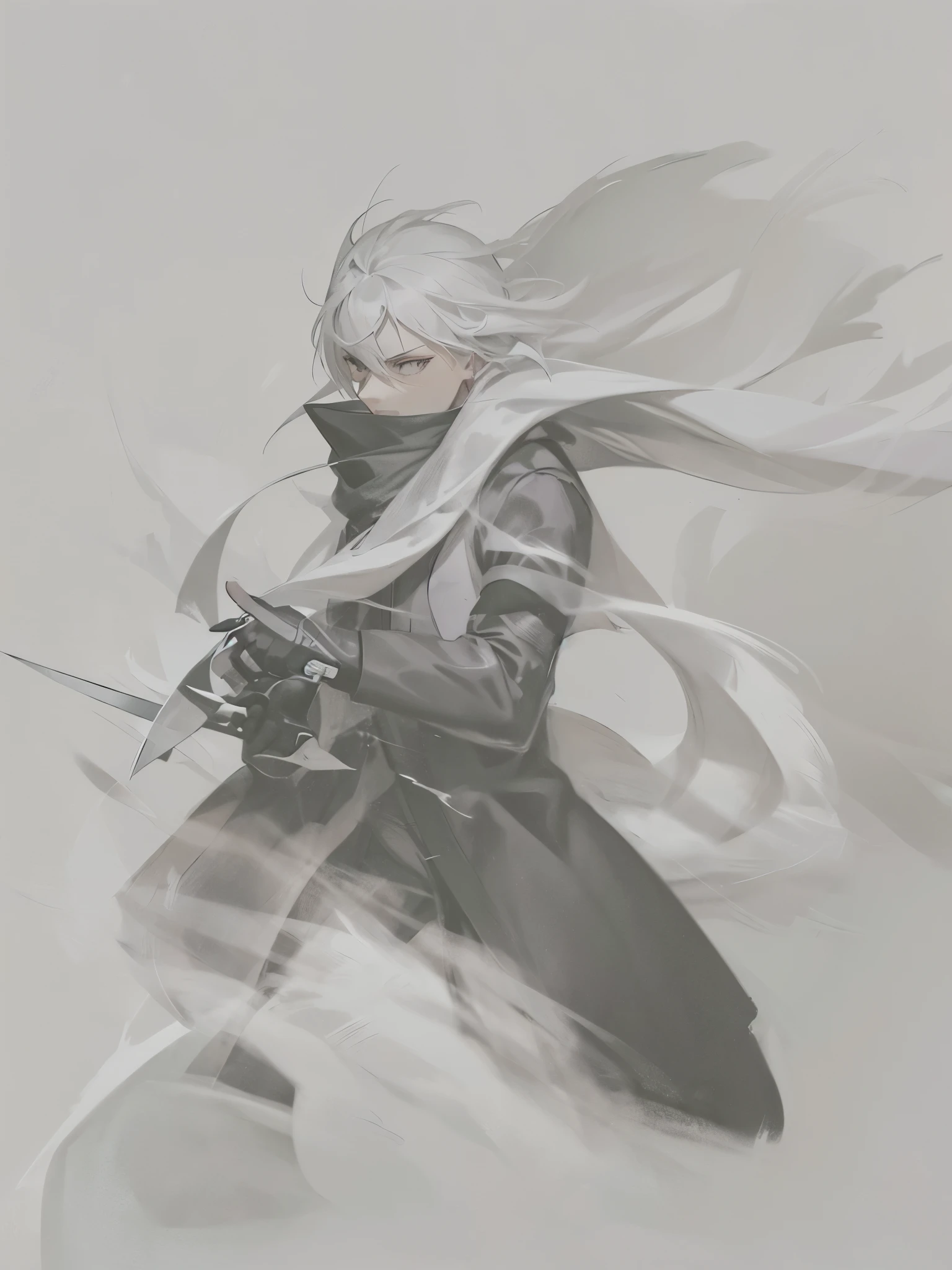 Black clothes with white hair black eyes gray boots with black cracks holding an oriental dagger with the left hand and doing ninjutsu with the right hand glove with cracks on the left hand armband on the right hand purple scarf with cracks.