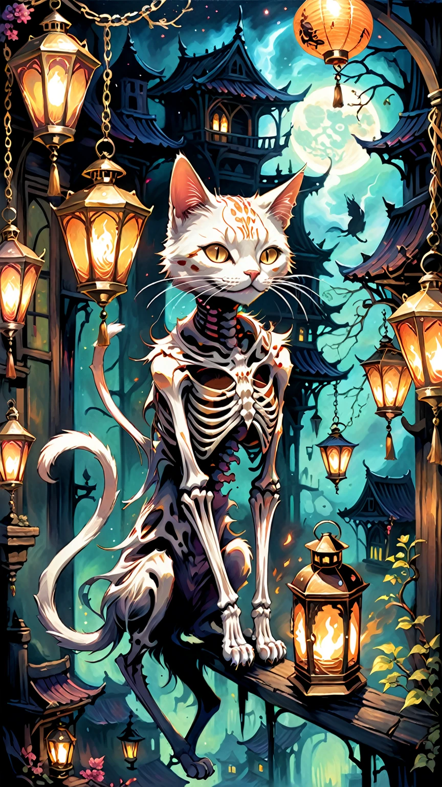 Intricate painting of a cat that is half skeleton. The cat has a long tail that is above the cat and hanging from the tail is a vintage looking lanterns. The grou
nd is full of burn marks. Dark fantasy with dark magic all intertwined, painting, dark fantasy, vibrant