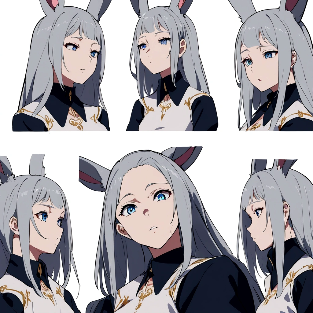 Anime style,Character Sheet,(masterpiece, 8k, highest quality, Very detailed, 1 mature japanese woman), (Consistent personality, same characters), (Gray Hair, blue eyes), (Very detailed顔と肌の質感, fine grain), Slender figure,Small breasts,(Bunny Girl Costume), White Background, Multiple facial expressions,(Multiple Views, Multiple Angles), Side view, Front view, look up, Looking down, Rear View, 20-degree head view,Plain background,Beautiful background