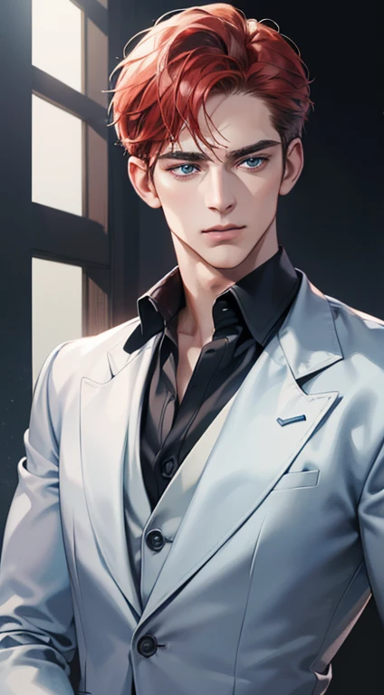 (best quality, masterpiece, 8K, photorealistic, cinematic lighting, 1:4 hdr image, ultra detailed, beautiful image), a mature man, 34 years very handsome, ((cold expression)), short red hair, blue eyes, face perfect without mistakes, ((buttoning his jacket, CEO))