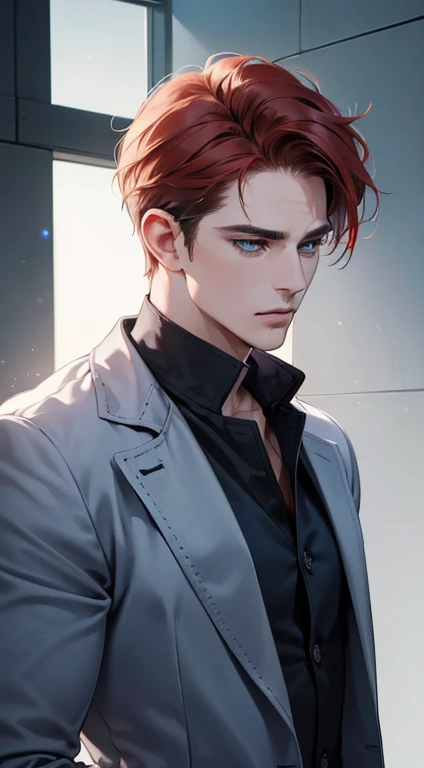 (best quality, masterpiece, 8K, photorealistic, cinematic lighting, 1:4 hdr image, ultra detailed, beautiful image), a mature man, 34 years very handsome, ((cold expression)), short red hair, blue eyes, face perfect without mistakes, ((buttoning his jacket, CEO))