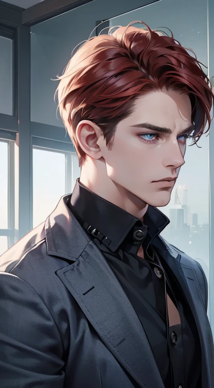 (best quality, masterpiece, 8K, photorealistic, cinematic lighting, 1:4 hdr image, ultra detailed, beautiful image), a mature man, 34 years very handsome, ((cold expression)), short red hair, blue eyes, face perfect without mistakes, ((buttoning his jacket, CEO))