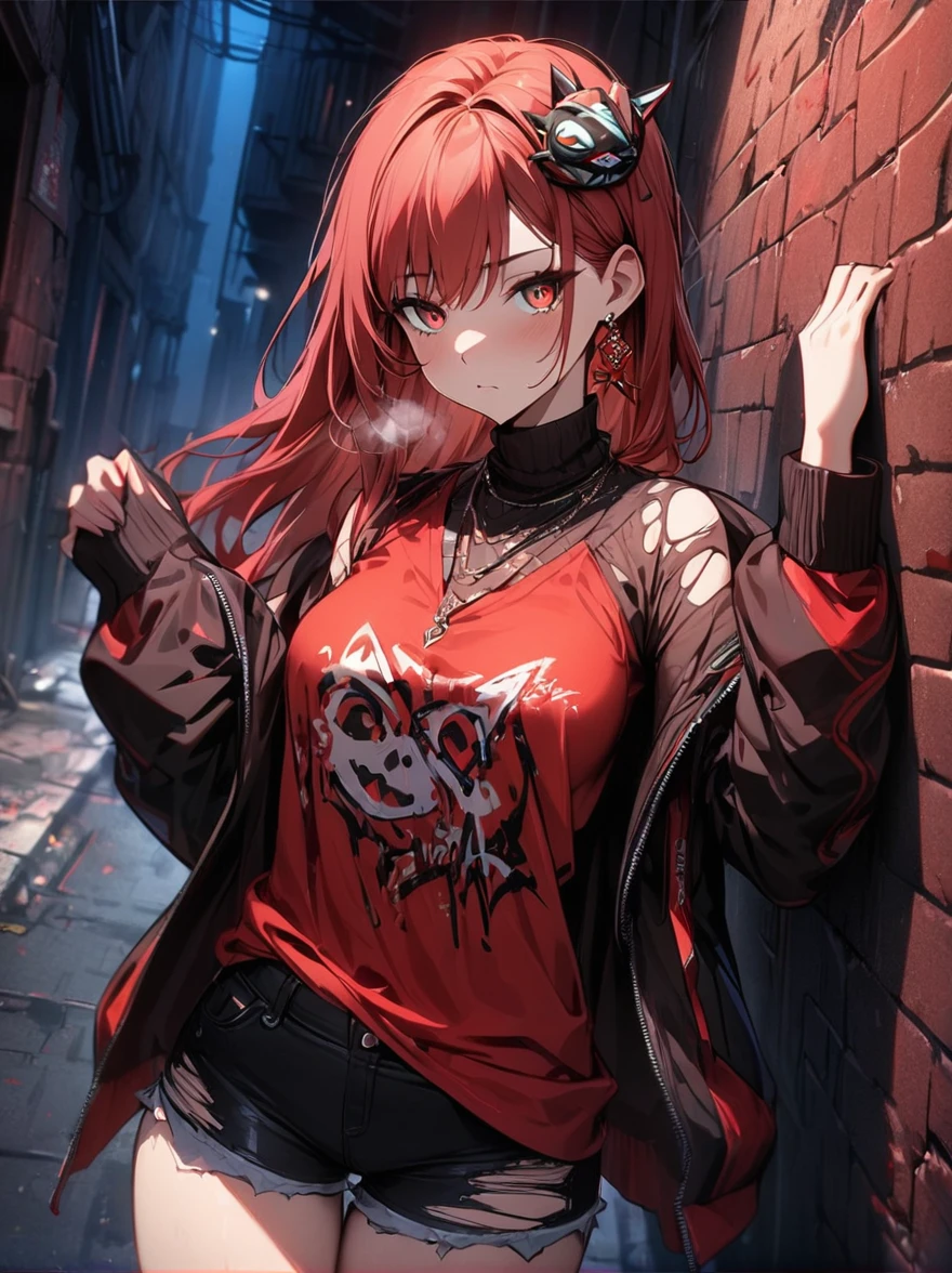 (masterpiece, best quality, 1 girl, Solitary, Intricate details, Chromatic Aberration), Practical, ((Moderate breathing)),long hair, Red hair, Red decoration on head, pink highlights, Amber eyes, earrings, Sharp eyes, necklace, Neon shirt, ripped shorts, Unbuttoned jacket, turtleneck sweater, night, Against the wall, Brick Wall, Graffiti, Dim Lights, alley, Look at the audience