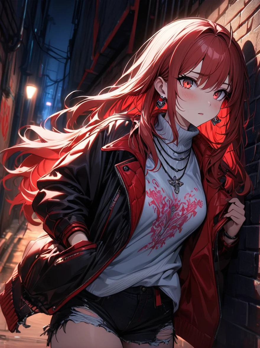 (masterpiece, best quality, 1 girl, Solitary, Intricate details, Chromatic Aberration), Practical, ((Moderate breathing)),long hair, Red hair, Red decoration on head, pink highlights, Amber eyes, earrings, Sharp eyes, necklace, Neon shirt, ripped shorts, Unbuttoned jacket, turtleneck sweater, night, Against the wall, Brick Wall, Graffiti, Dim Lights, alley, Look at the audience