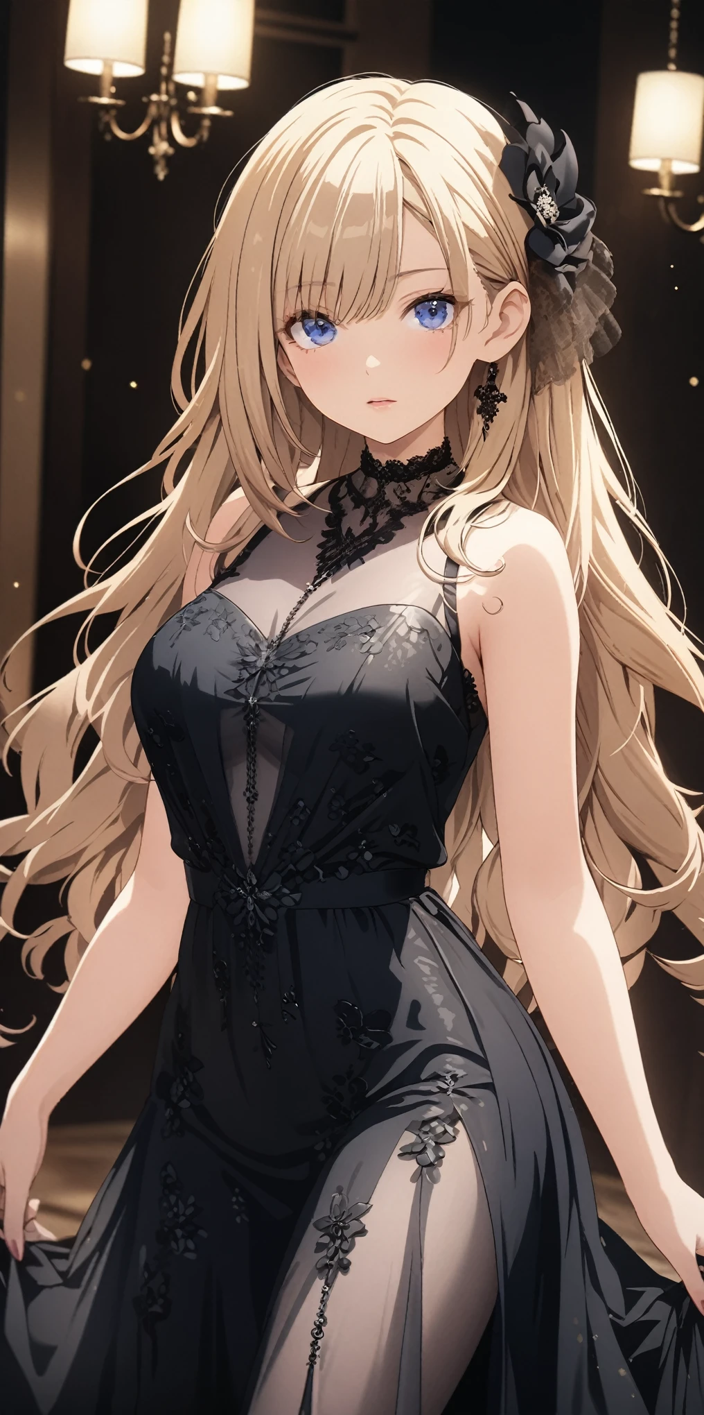 Elegant adult women, looking into distance, blue eyes, Long hair, side swept bangs, Sheer dress, see through dress, 4K resolution, High quality CG, fair