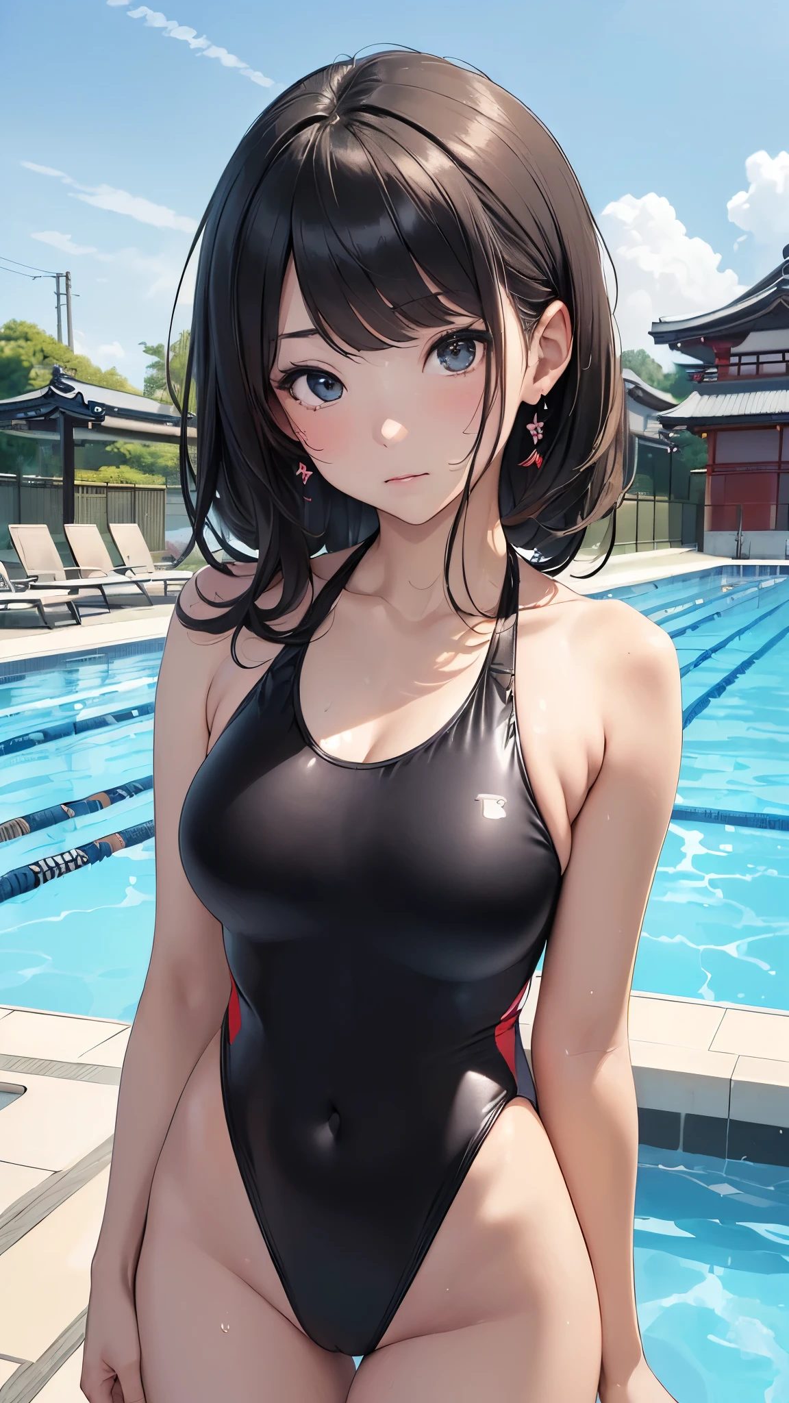 (((masterpiece))),(((High resolution)))、(((8K)))、(((perfect face)))、(((beauty of japan)))、30 years old、(((beautiful face))), ((swimsuit)), (((black competitive swimsuit))), embarrassed look, look at the camera、((top quality eyes)), ((detailed texture)), ((high resolution face)), (at the pool)
