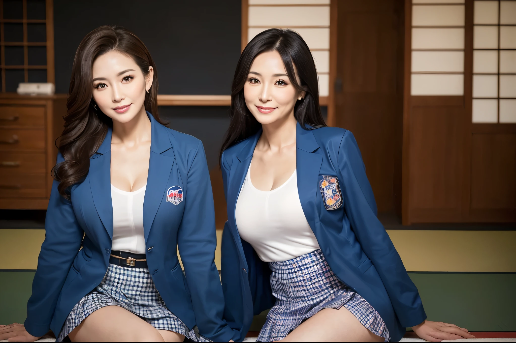 RAW photography,Shooting from the front,(high-level image quality,hightquality,hight resolution,masterpiece,highly detaileds),(Photo quality:1.5),((Drawing two mature women,Two Mature Women:1.5)),Anatomically correct,full body,Celebrities,Married Woman,Japanese Mature,45 year old mature woman,((Extremely beautiful face,Miss Japan,Cute Face)),Beautiful teeth alignment,Beautiful hands,Beautiful breasts,Large Breasts,Thighs,Outstanding proportions,Voluptuous figure,Looking at the Viewer,((Cosplay,Japanese High ,Dark Blue Blazer,White shirt for students,Checkered short skirt)),((Inside a girls' high school,Bright interior,Standing with one's back straight,Smiling)),((No text))