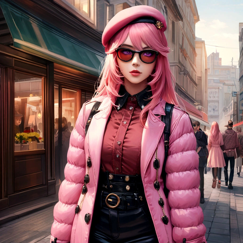 4K, Realistic, Detailed, Super Eyes Details, Fashion clothes, Pink trench coat, French Beret, Black pants with belt, Long Hair, In the city, Pink Hair, Purple eyes, yae miko, Wearing trendy sunglasses,