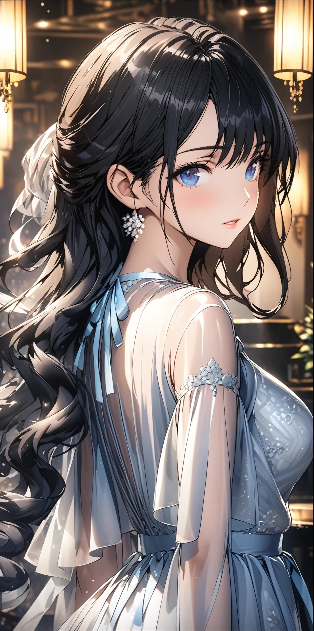 Elegant adult women, looking into distance, blue eyes, Long hair, side swept bangs, Sheer dress, see through dress, 4K resolution, High quality CG, fair