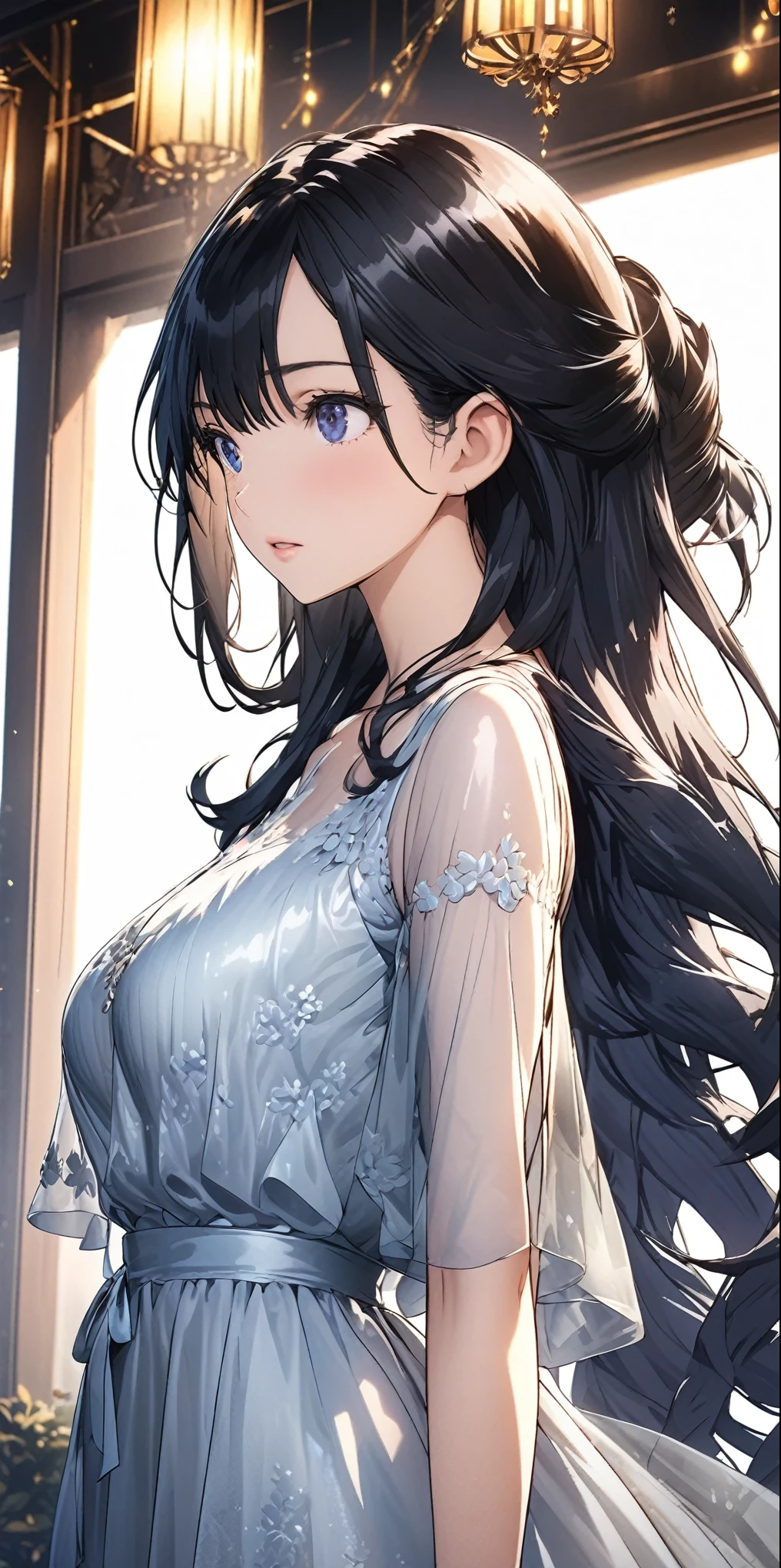 Elegant adult women, looking into distance, blue eyes, Long hair, side swept bangs, Sheer dress, see through dress, 4K resolution, High quality CG, fair