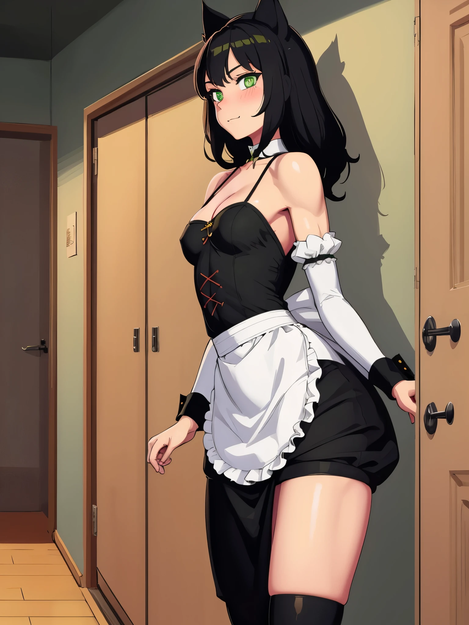 (masterpiece, best quality:1.2), aka6, 1girl, solo, medium hair, black hair, green eyes, cat eyes, slim body, cheerfull, happy, blush, closed mouth, small breasts, maid outfit, catgirl