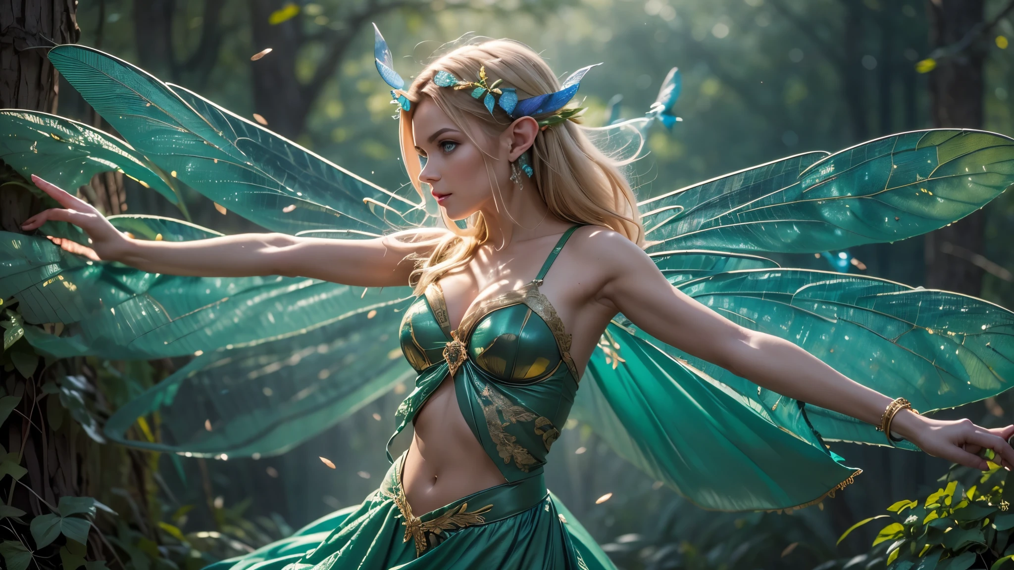 Beautiful faerie woman, elf ear, flying, hovering, floating, centered holographic dragonfly wings, balanced wings, glowing blue eyes, detailed realistic eyes, detailed proportional hand, manicured hands, detailed fingers, proportional fingers, proportional legs, proportional arms, proportional body, firm breast, silk tutu, oak tree forest, frank Frazzetta painting style, (Best Quality:1.4), (Ultra-detailed), (extremely detailed CG unified 8k wallpaper), Highly detailed, RAW Photos, Professional Photography, plein air, Illumination, (Super fancy photos:1.4), (Dazzling light), Radiant Photography, depth of fields,