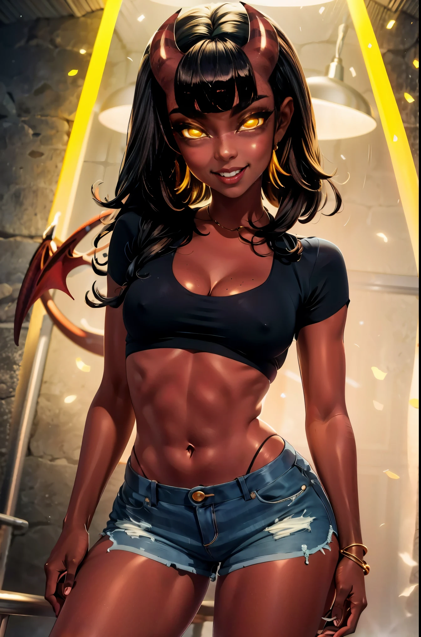 Meru the succubus, pele vermelha, um pouco cheinha, olhos amarelos brilhantes, iris of the eye is yellow and bright, dois pequenos chifres vermelhos com listras em vermelho escuro, cabelo preto com franja reta, ((orelhas pontiagudas)), orelhas de elfa, sorriso mostrando os dentes brancos, top preto, shorts preto, warm lighting, luzes de neon,