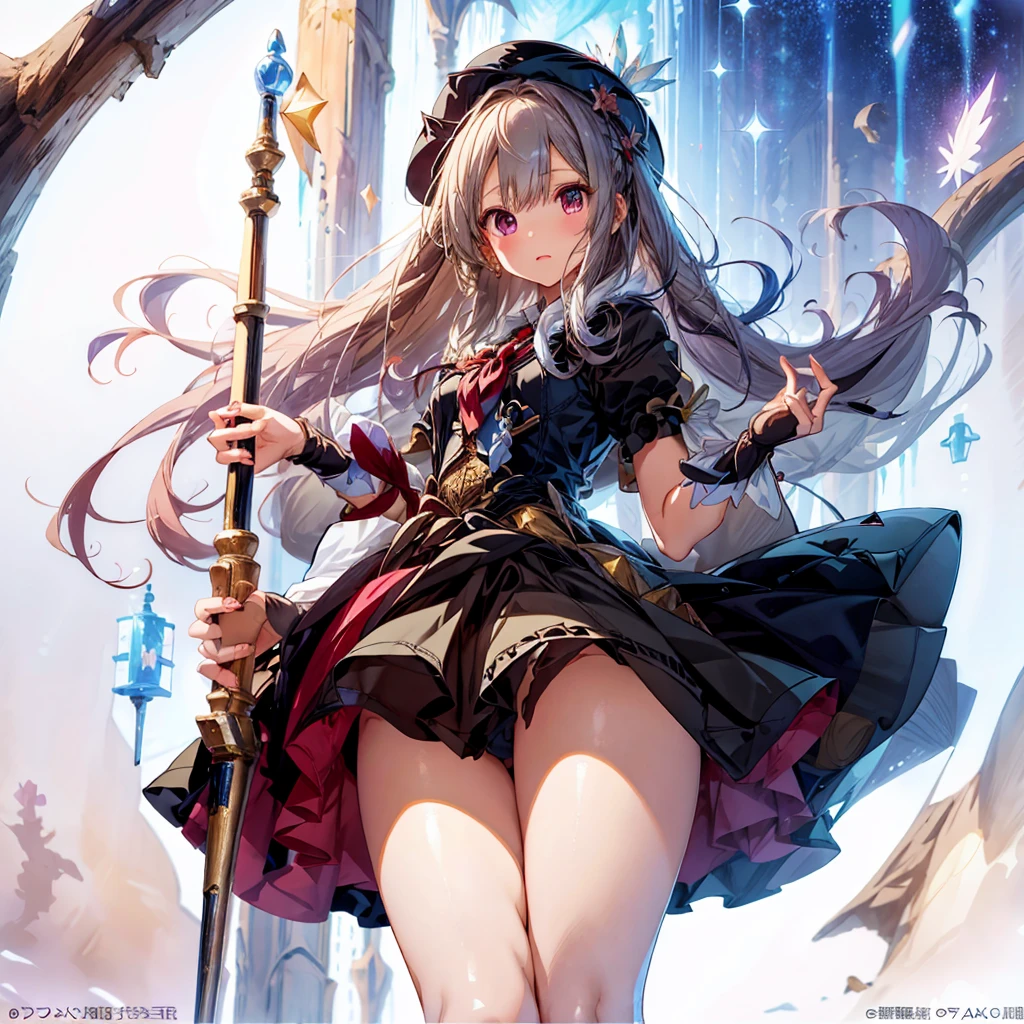 1girl、(masterpiece, highest quality、Official Art、The best composition、Award-winning works), (Thin Hair), Super detailed, Anime Style, alone, full length, Concept Art,Magical girl　Big hat　Cape, Magic Stick,  Super huge, Tall and stylish, Very large.、White Background, full lengthに立って, Floating in the sky,fsgziksks