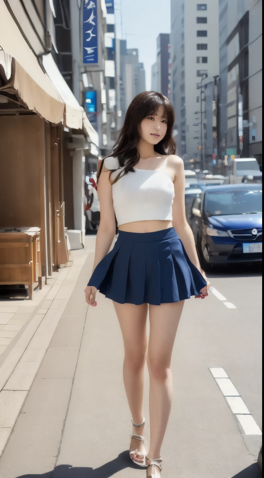 Arabian woman standing on the street wearing a short skirt and crop top, Japanese model, Japanese clothes, Reality Girls, Japanese goddess, A young and cute gravure idol, Young Gravure Idol, Set on the rooftops of Tokyo, Wearing a white skirt, Wearing a top and shorts, sakimichan hdri, Japanese, realistic Young Gravure Idol、Glamour