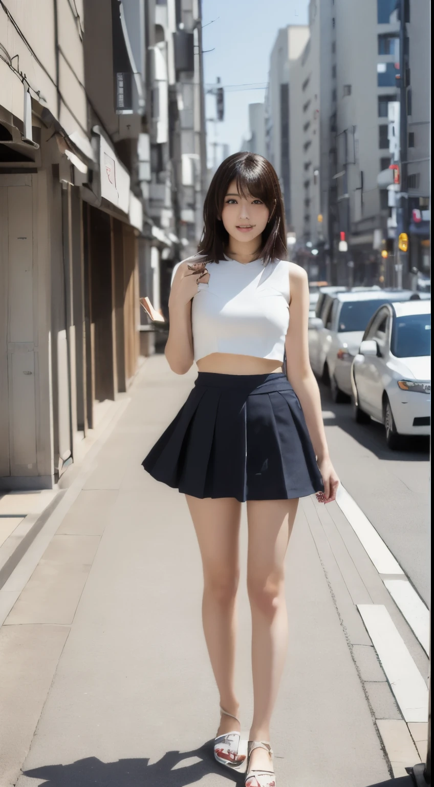 Arabian woman standing on the street wearing a short skirt and crop top, Japanese model, Japanese clothes, Reality Girls, Japanese goddess, A young and cute gravure idol, Young Gravure Idol, Set on the rooftops of Tokyo, Wearing a white skirt, Wearing a top and shorts, sakimichan hdri, Japanese, realistic Young Gravure Idol、Glamour