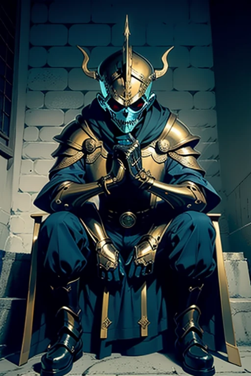 make a golden knight with death mask, he is in the hall, sitting on a throne, looking menacingly with a relaxed pose ((taking the whole body))