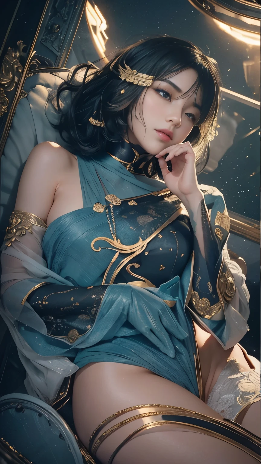 (Best quality, 8k, 32k, Masterpiece, UHD:1.2) "Generate a captivating artwork featuring a young Japanese girl model with short, sleek black hair styled in a chic bob haircut. Envision her bathed in dramatic cinematic lighting, creating an atmosphere of allure and mystery. Emphasize a romantic aesthetic vibe, showcasing the model in a poised and elegant pose that evokes a sense of intimacy and sophistication. Utilize warm and soft tones to enhance the romantic ambiance, and consider incorporating elements like flowing fabrics or flowers to add a touch of ethereal beauty. Capture the essence of romance and beauty through the model's expression, the play of light and shadows, and the overall aesthetic, creating a visually compelling and emotionally resonant piece." (perfect eyes), flawless skin, flawless face, cinematic, tight body, ((well-proportion female hands)), ((female hands with five digits))