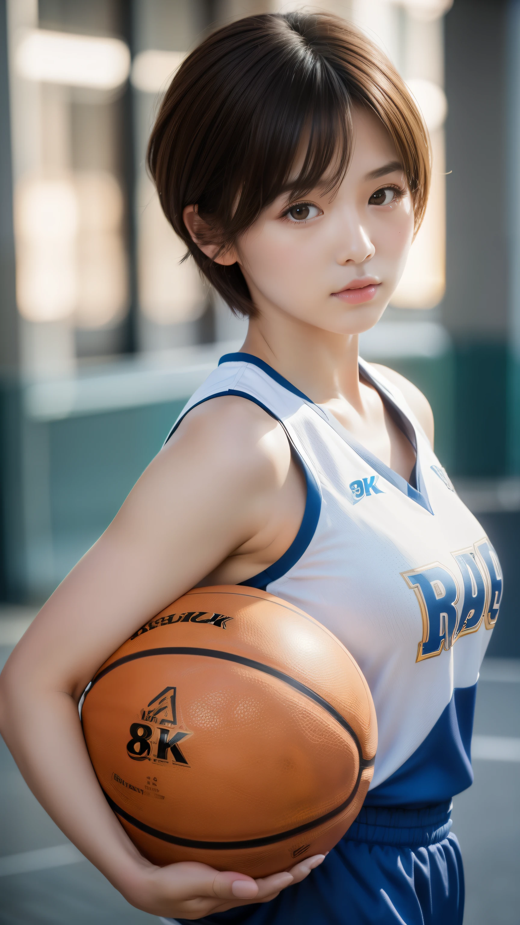 ((8k:1.27), best quality, masterpiece, ultra highres:1.2) Photo of cute idol girl (beautiful:1.1), , 18 years old, fantasy, detailed, professionally photography, Hasselblad camera, depth of field, 300mm fixed lens, super realistic, ray tracing, cinematic photography, natural lighting, thick body, short pixie haircut, randomly hair color, cute asian girl, big breast, solo girl, 1 girl, wear basketball uniform, play basketball, dribling ball